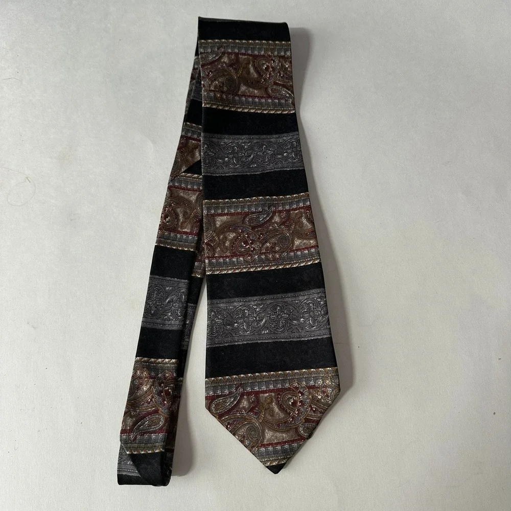 Surrey Mens Silk Tie Paisley Floral Striped Black Silver Burgundy Made in USA